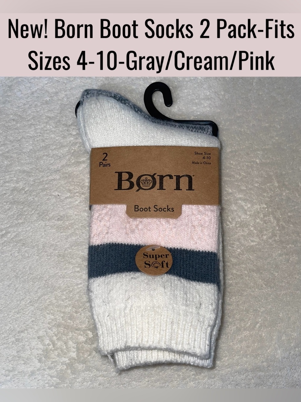 New! Born Boot Socks 2 Pack-Fits Sizes 4-10 Gray/Cream/Pink